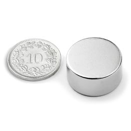S-20-10-N Disco magnetico Ø 20 mm, altezza 10 mm, tiene ca. 11 kg, neodimio, N42, nichelato
