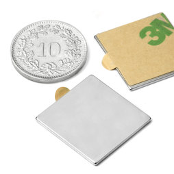 Q-20-20-01-STIC, Parallélépipède magnétique (autocollant) 20 x 20 x 1 mm, néodyme, N35, nickelé