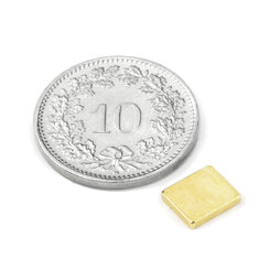 Q-07-06-1.2-G, Parallélépipède magnétique 7 x 6 x 1.2 mm, néodyme, N50, doré