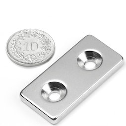 CS-Q-40-20-04-N, Parallelepipedo magnetico 40 x 20 x 4 mm, Con foro svasato, N35, nichelato