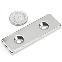 CS-Q-60-20-04-N, Quadermagnet 60 x 20 x 4 mm, mit Bohrung und Senkung, N35, vernickelt