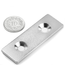 MC-60-20-03, Plaquette métallique avec trou fraisé, 60 x 20 x 3 mm, contre-pièce pour aimants, non magnétique !
