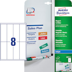 MIP-A4-03/40, Magneetbordjes Avery J8875-5, voor metalen rekken, whiteboards enz., formaat magneetbordje: 140 x 50 mm, 40 magneetbordjes op 5 vel A4
