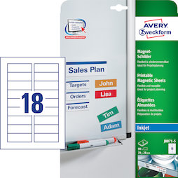 MIP-A4-03/90, Magneetbordjes Avery J8871-5, voor metalen rekken, whiteboards enz., formaat bordje: 78 x 28 mm, 90 magneetbordjes op 5 vel A4