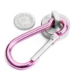 KTN-25P, Potmagneet met roze karabijnhaak Ø 25 mm, karabijnlengte 60 mm