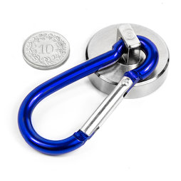 KTN-32B, Potmagneet met blauwe karabijnhaak Ø 32 mm, karabijnlengte 60 mm