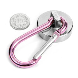 KTN-32P, Topfmagnet mit rosa Karabiner Ø 32 mm, Länge Karabiner 60 mm