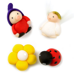 LIV-41/mixed2, Handmade Magnete, Unikate aus Fimo im 4er-Set, mit Zwerg, Engel, Blume und Käfer